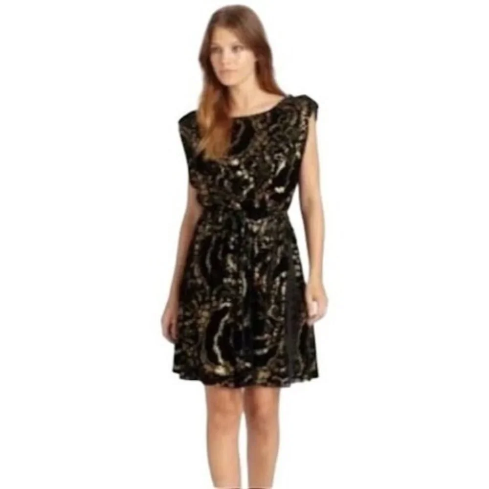 Alice + Olivia NWT Metallic Velvet Dress Gold Black Event Small